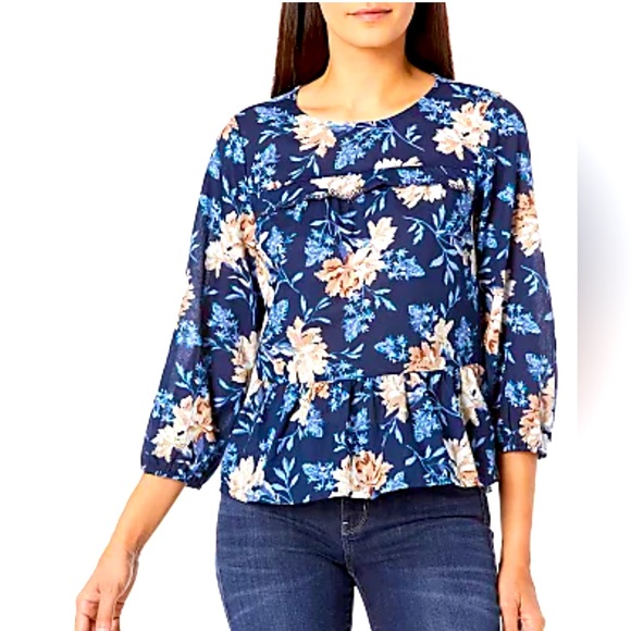 Lucky Brand 3/4 balloon sleeve blouse in Navy/Fawn floral pattern sz M - Picture 1 of 14